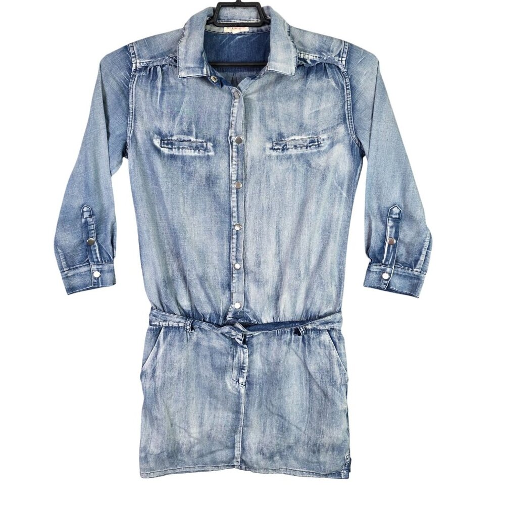 Womens Hot & Delicious Blue Chambray Shirt Dress Button Up 3/4 Sleeve Size M